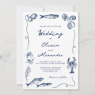 Hand Drawn Whimsical Coastal Navy Blue Wedding Invitation