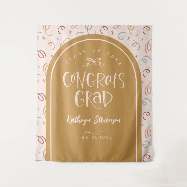 Hand Drawn Whimsical Congrats Grad Party Backdrop Tapestry (Front)