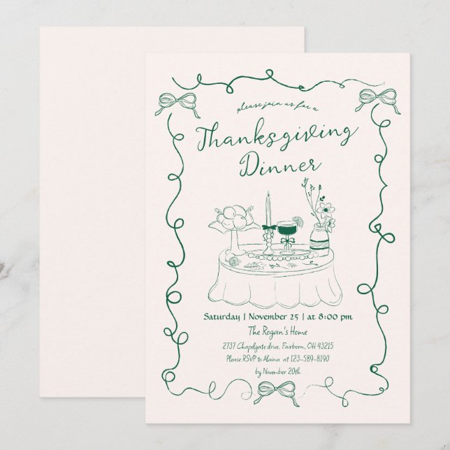 Hand Drawn Whimsical Dinner Table Thanksgiving  Invitation (Front/Back)