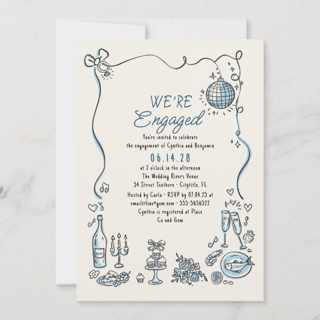 Hand Drawn Whimsical Disco Engagement Party Photo Invitation (Front)