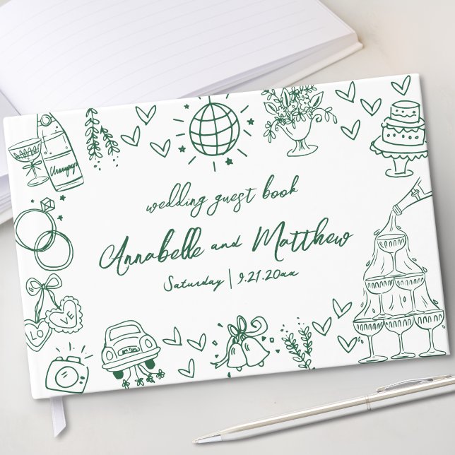 Hand Drawn Whimsical Emerald Green Wedding Guest Book (Hand Drawn Whimsical Emerald Green Wedding Guest Book)