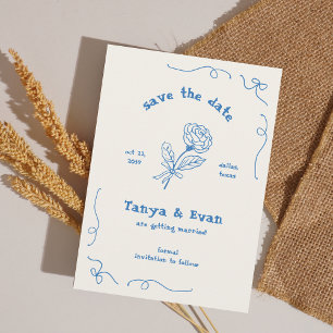 Hand Drawn Whimsical Flower Blue Wedding Save The Date