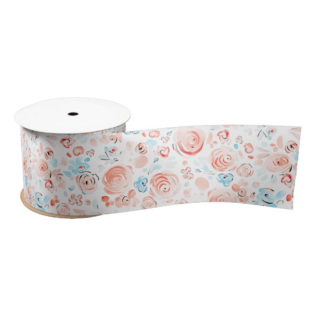 Hand Drawn Whimsical Flowers Dusty Blue and Pink Satin Ribbon (Spool)