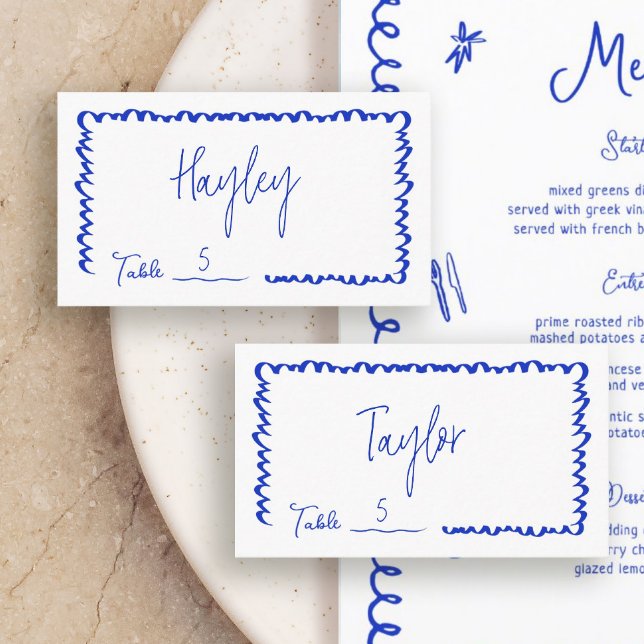 Hand Drawn Whimsical Fun Blue Wedding Table Flat Place Card (Creator Uploaded)