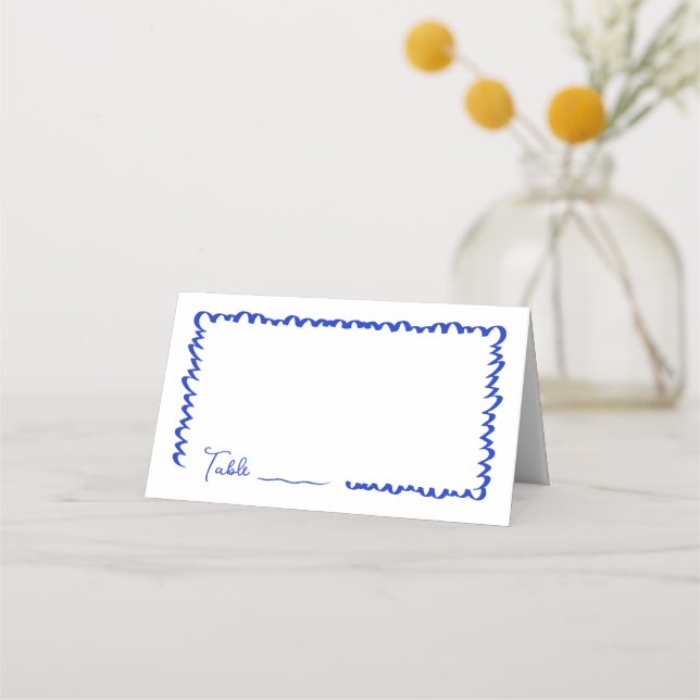 Hand Drawn Whimsical Fun Blue Wedding Table Place Card (Front)