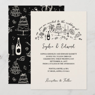 Hand-drawn whimsical line art wedding style invitation
