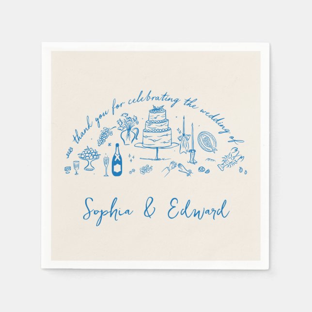 Hand-drawn whimsical line art wedding style napkin (Front)