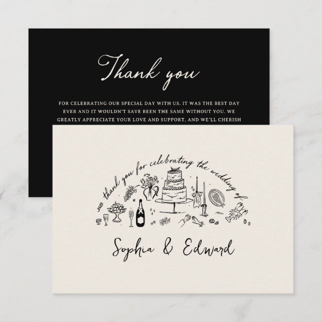 Hand-drawn whimsical line art wedding style thank you card (Front/Back)