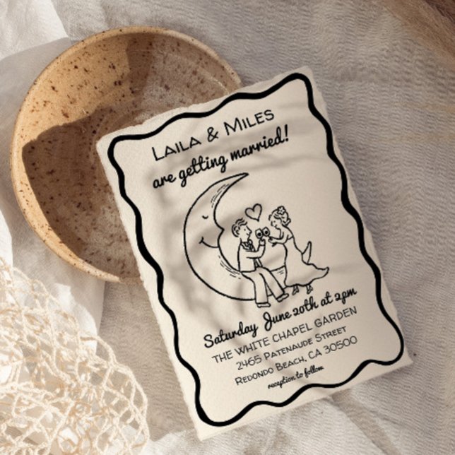 Hand Drawn Whimsical Moon wedding invitation (Whimsical Moon Wedding invitation, Modern hand drawn invite)