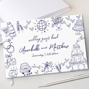 Hand Drawn Whimsical Navy Blue Wedding Guest Book