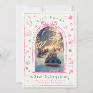 Hand Drawn Whimsical Pink Bow Doodle Photo Holiday Card