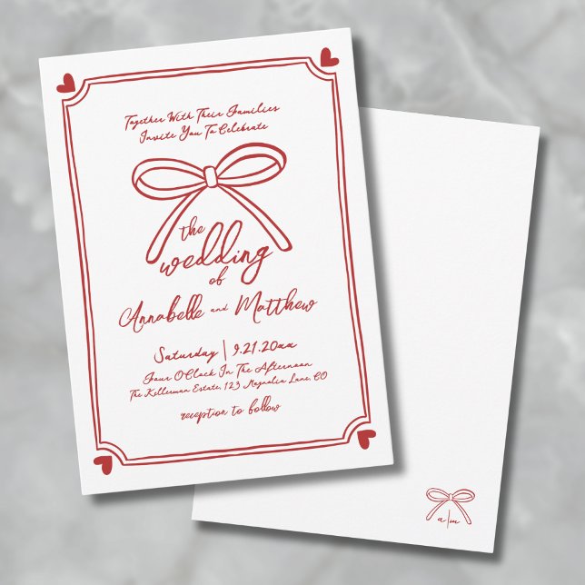 Hand Drawn Whimsical Red Bow Wedding Invitation (Hand Drawn Whimsical Red Bow Wedding Invitation )