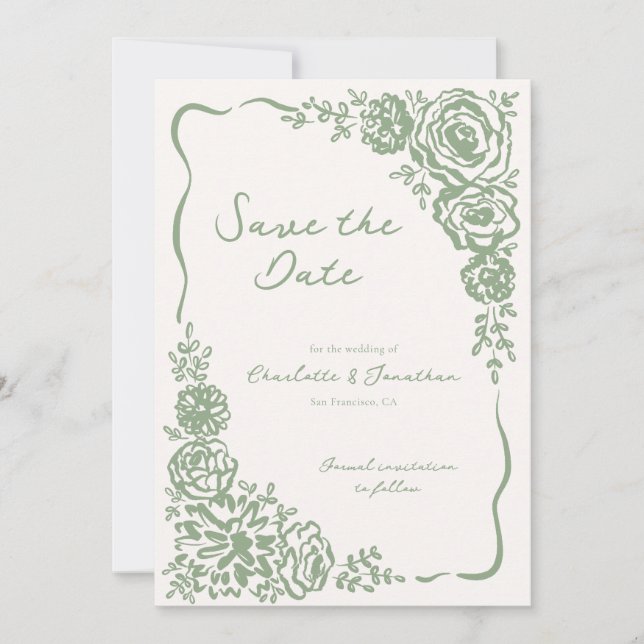 Hand Drawn Whimsical Sage Green Floral Wedding  Save The Date (Front)
