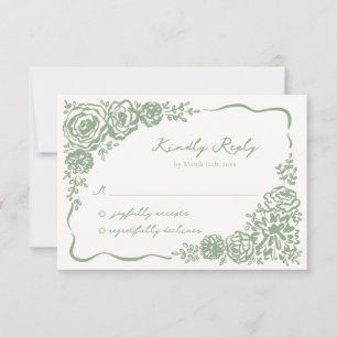 Hand drawn Whimsical Sage Green Wedding RSVP Card