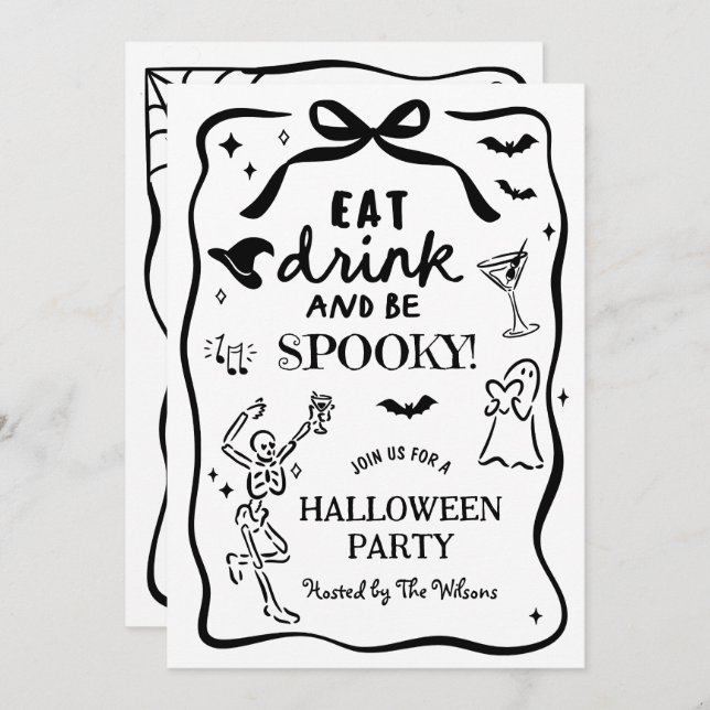 Hand Drawn Whimsical Skeleton Spooky Halloween Invitation (Front/Back)