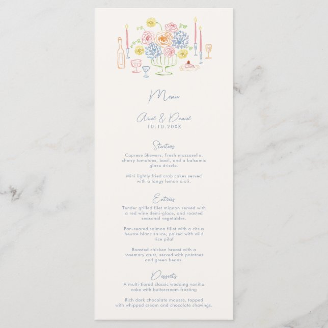 Hand Drawn Whimsical Tabletop Pastel Wedding Menu (Front)