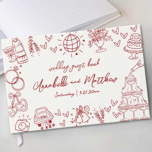 Hand Drawn Whimsical Vintage Red Wedding Guest Book (Hand Drawn Whimsical Vintage Red Wedding Guest Book)