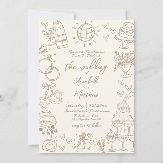 Hand Drawn Whimsical Vintage Wedding Invitation (Front)