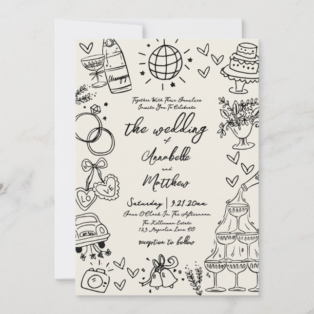 Hand Drawn Whimsical Vintage Wedding Invitation (Front)