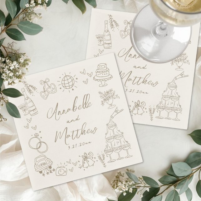 Hand Drawn Whimsical Wedding Napkin (Hand Drawn Whimsical Wedding Napkins )