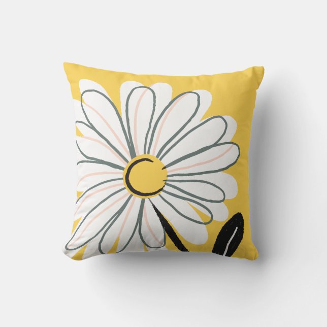 Hand-drawn Whimsical Yellow Daisy Outdoor Pillow (Front)