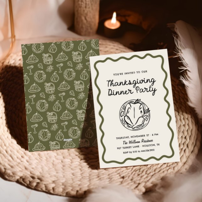Hand Drawn Whimsy Doodle Thanksgiving Dinner Holiday Card (Creator Uploaded)