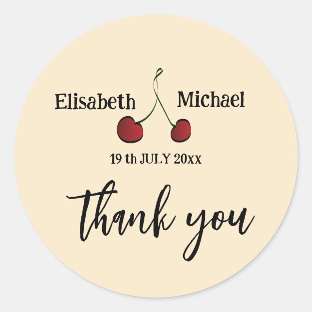 Hand drawn whimsy red cherry thank you classic round sticker (Front)