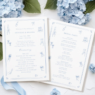 Hand Drawn White and Dusty Blue Wedding Program