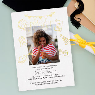 Hand Drawn White Doodles Photo Graduate Gold