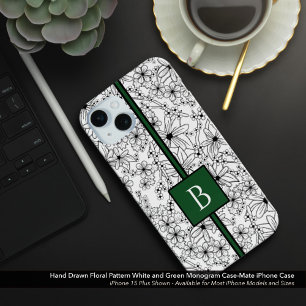 Hand Drawn White Floral Pattern and Green Monogram iPhone 15 Mini Case