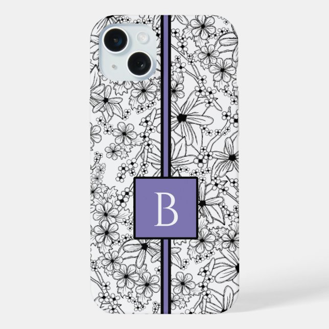 Hand Drawn White Floral Pattern Purple Monogram iPhone Case (Back)