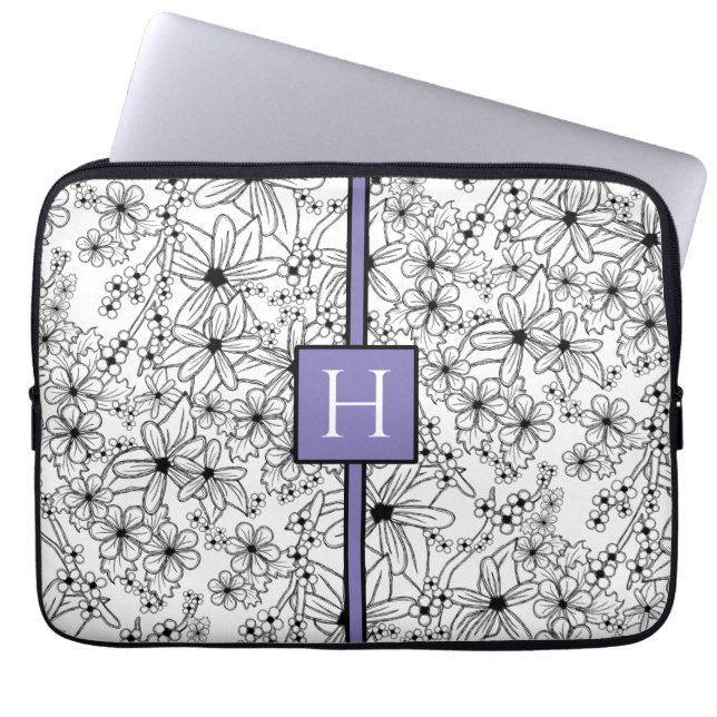Hand Drawn White Floral Pattern Purple Monogram Laptop Sleeve (Front)