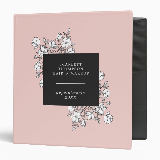 Hand-Drawn White Flower Branches Pink Appointment Binder (Front/Inside)