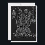Hand-Drawn White Ink Snow Globe Christmas Holiday  Card<br><div class="desc">Celebrate the holidays with a touch of nostalgia! The design showcases a whimsical snow globe filled with a cozy winter cottage, surrounded by festive ornaments in a unique, intricate style. The bold contrast and charming, imperfect lines bring a warm, handcrafted feel to your Christmas greetings. Perfect for those who love...</div>