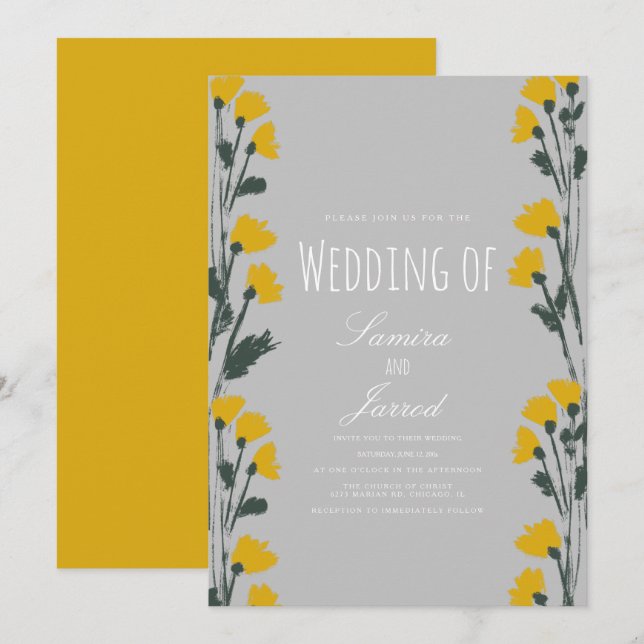 Hand-Drawn Wild Floral Botanical Yellow Wedding Invitation (Front/Back)