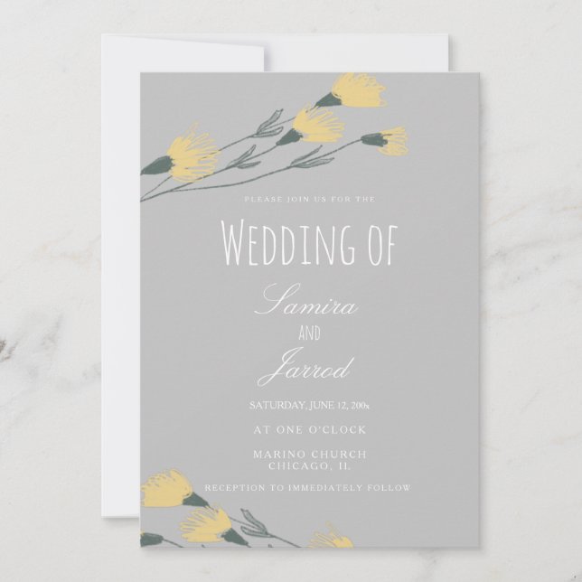 Hand-Drawn Wild Flower Botanical Grey Wedding Invitation (Front)