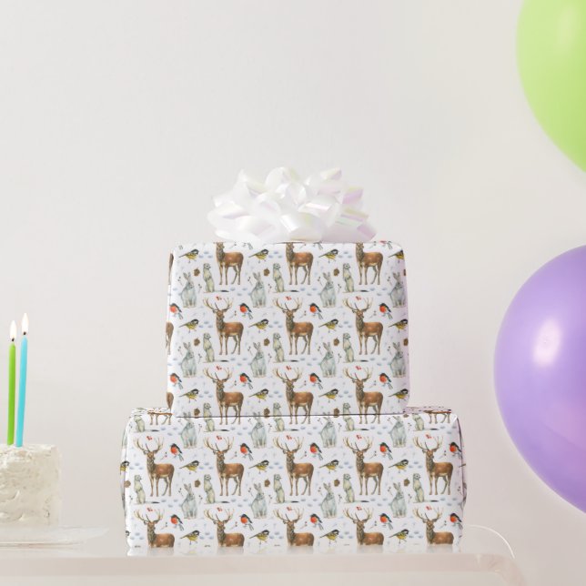 Hand Drawn Wild Stoats White Hares Deer Birds Wrapping Paper (Party Gifts)