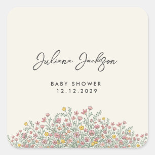 Hand Drawn Wildflower Baby Shower  Square Sticker