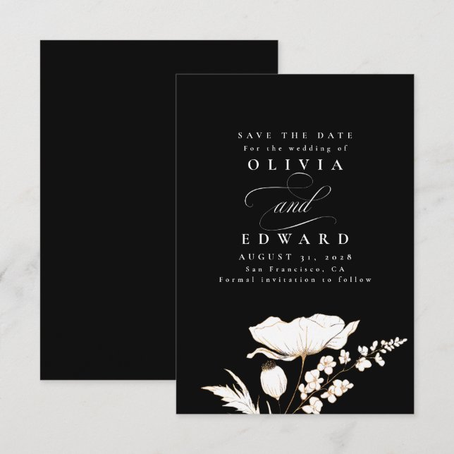 Hand-drawn Wildflowers Black Save the Date (Front/Back)