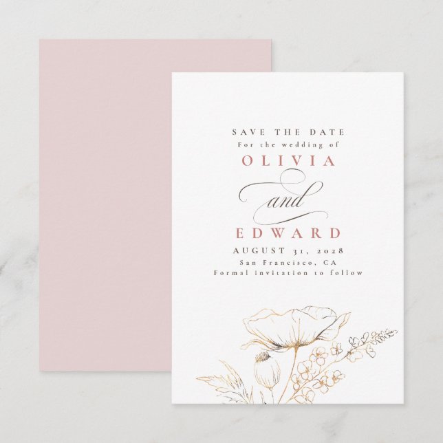 Hand-drawn Wildflowers Dusty Pink Save the Date (Front/Back)