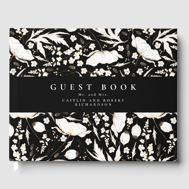 Hand-drawn Wildflowers Elegant Black Wedding Guest Book (Front)