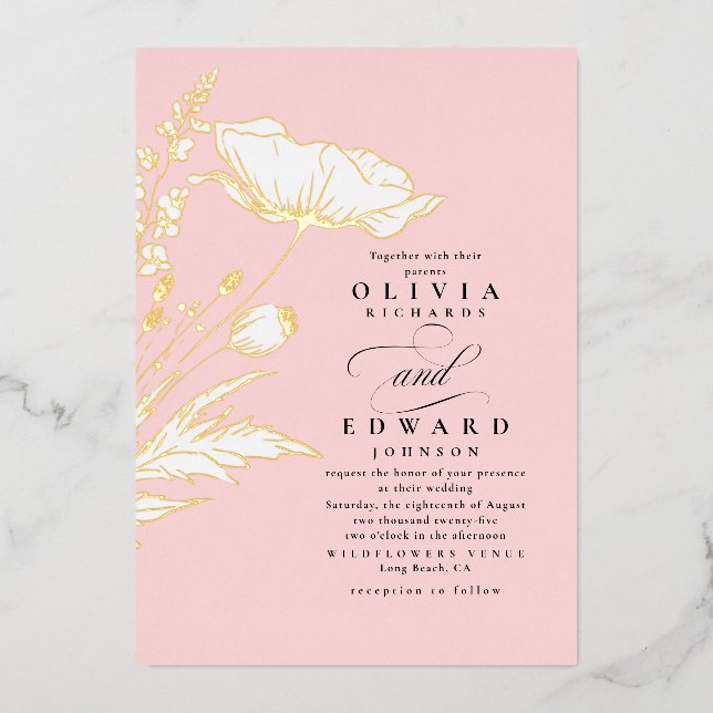 Hand-drawn Wildflowers Elegant Blush Pink Wedding (Front)