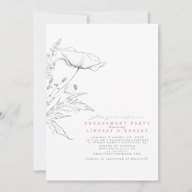 Hand-drawn Wildflowers Elegant Engagement Party Invitation (Front)