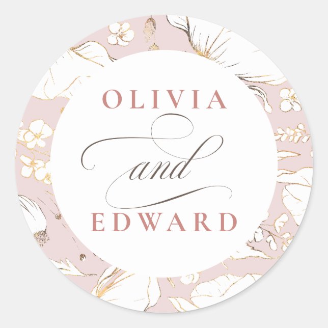 Hand-drawn Wildflowers Elegant Gold Wedding Classic Round Sticker (Front)