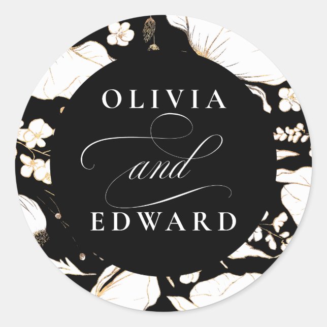 Hand-drawn Wildflowers Elegant Gold Wedding Classic Round Sticker (Front)