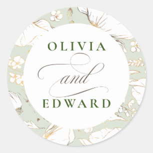 Hand-drawn Wildflowers Elegant Gold Wedding Classic Round Sticker