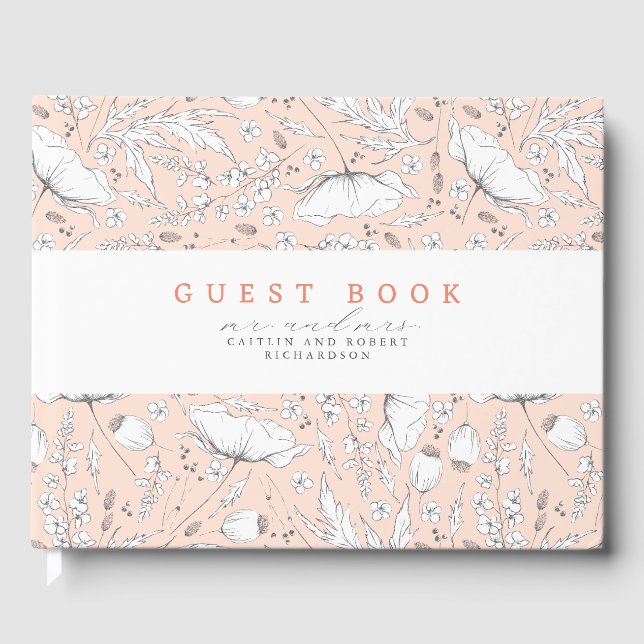 Hand-drawn Wildflowers Elegant Peach Wedding Guest Book (Front)