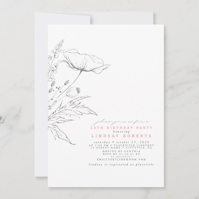 Hand-drawn Wildflowers Elegant Pink Birthday Party Invitation (Front)