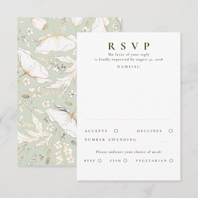 Hand-drawn Wildflowers Gold Wedding RSVP Card (Front/Back)