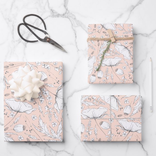 Hand-drawn Wildflowers Pencil Sketch Pattern Peach Wrapping Paper Sheet (Front)